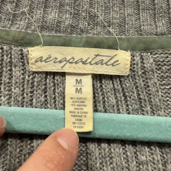 Aeropostale Y2K Sweater Cable Knit Angora Blend Gray V-Neck Preppy Women sz M - Picture 3 of 6